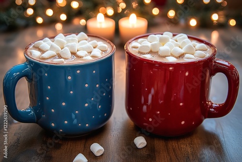 Two colorful mugs of cocoa topped with marshmallows, surrounded by candlelight and holiday lights for a festive atmosphere. photo