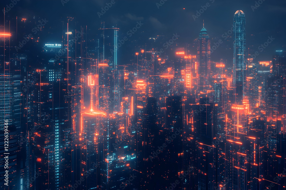 Obraz premium Futuristic Cityscape With Neon Orange And Blue Lights Illuminating Skyscrapers In A Cyberpunk Urban Setting. Generative AI
