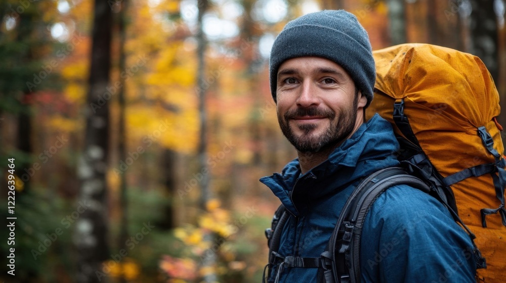 A man hiking in autumn forest. A man hiking in autumn forest.