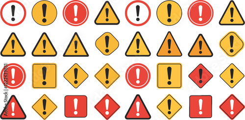 collection of colorful warning icons and exclamation marks in various shapes.