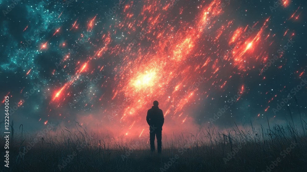 A photographer gazes at a meteor shower. A photographer gazes at a meteor shower.