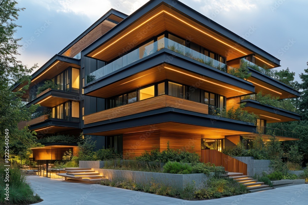 A modern apartment block with layered terraces, wooden accents, and ambient entry lighting A modern apartment block with layered terraces, wooden accents, and ambient entry lighting