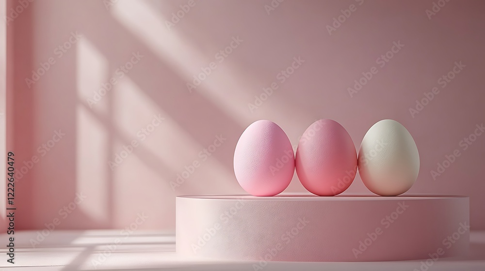Fototapeta premium Easter eggs podium for product presentation, happy easter day concept, minimal scene with pedestal and egg, Easter day with geometry platform for product,