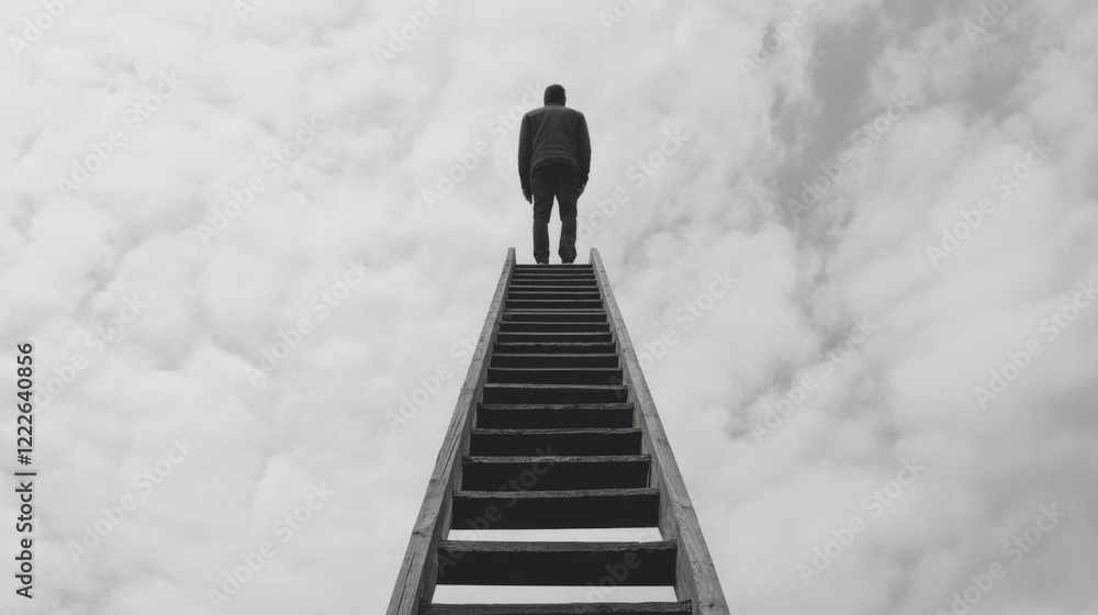 Man standing atop a ladder reaching towards a cloudy sky. Man standing atop a ladder reaching towards a cloudy sky.