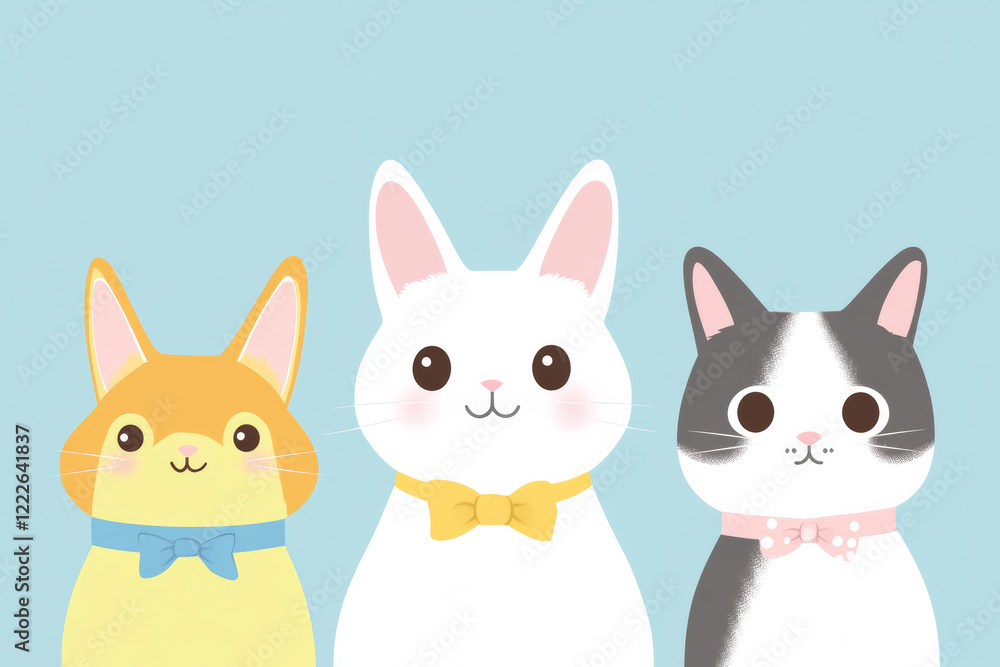 Fototapeta premium Three cute animals with bow ties on blue background
