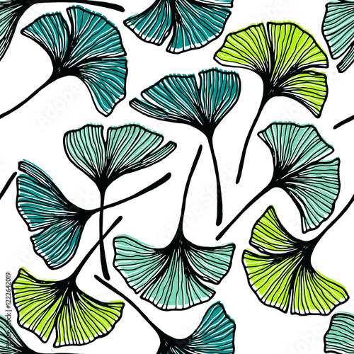 Ginkgo biloba leaves seamless tissue print. Elegant gingko foliage outline ve...