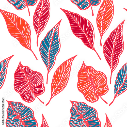 Leaf with vein floral vector seamless pattern. Nature handdrawn wallpaper. Tr...
