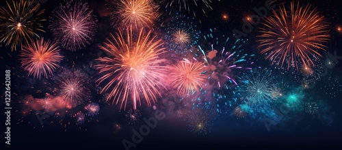 Vibrant fireworks in shades of red, orange, and blue bursting against a deep black night sky, capturing a festive celebration atmosphere.