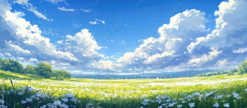 Fototapeta premium Vibrant spring meadow with lush green grass and delicate white flowers under a bright blue sky filled with fluffy white clouds creating a serene landscape