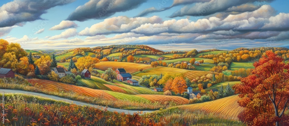 Vibrant autumn countryside landscape with rolling hills in orange and yellow hues under a dramatic blue sky with fluffy white clouds Vibrant autumn countryside landscape with rolling hills in orange and yellow hues under a dramatic blue sky with fluffy white clouds