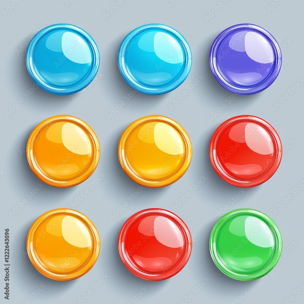 A contemporary collection of blank, vibrant glossy badges or web buttons. The set includes four bright colors: yellow, orange, blue, and purple. Modern format. A contemporary collection of blank, vibrant glossy badges or web buttons. The set includes four bright colors: yellow, orange, blue, and purple. Modern format.