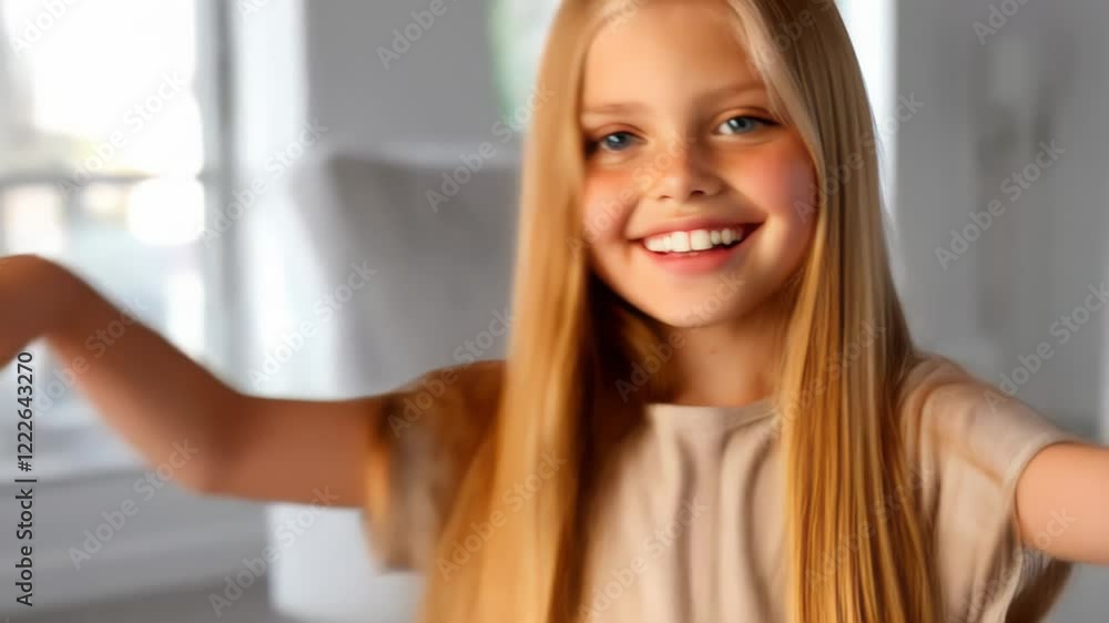 Smiling girl with long hair enjoys a moment of happiness indoors Smiling girl with long hair enjoys a moment of happiness indoors