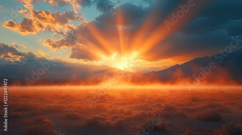 A dramatic landscape featuring dark storm clouds above a vast,