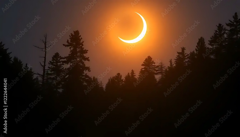 Partial Solar Eclipse Over Silhouetted Pine Trees Partial Solar Eclipse Over Silhouetted Pine Trees