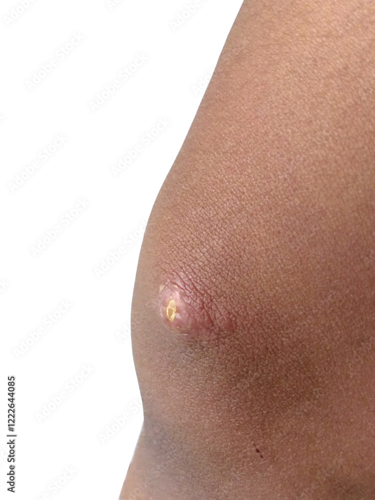 Fototapeta premium Close-Up of Bacterial Infected Skin Lesion on Knee of Dark Skin Individual