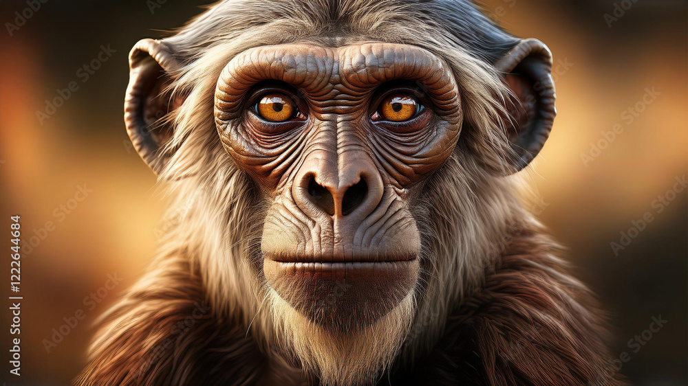 close up of a fictional ape's face with brown eyes