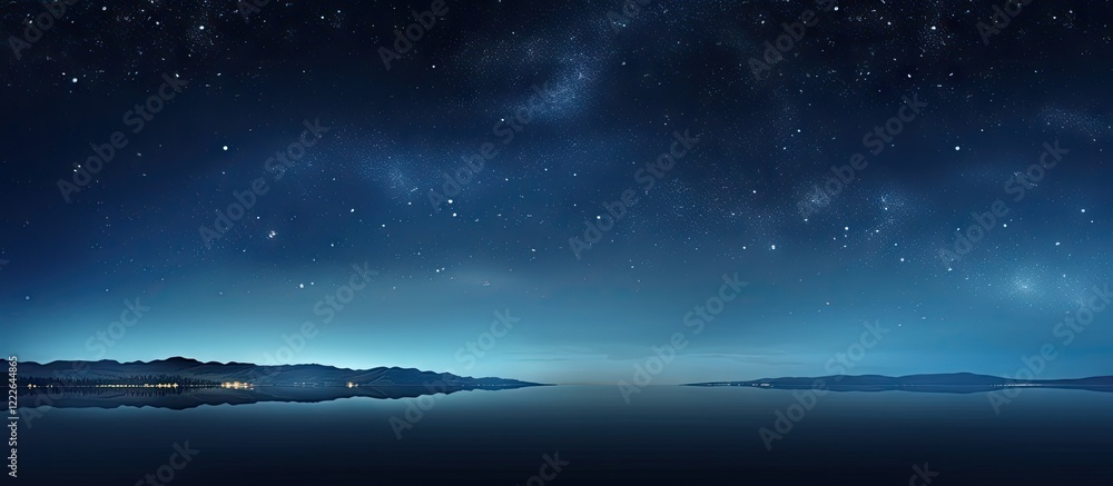 Panoramic view of serene night sky with deep blue hues and twinkling stars reflected on calm water surface under soft light tone. Panoramic view of serene night sky with deep blue hues and twinkling stars reflected on calm water surface under soft light tone.