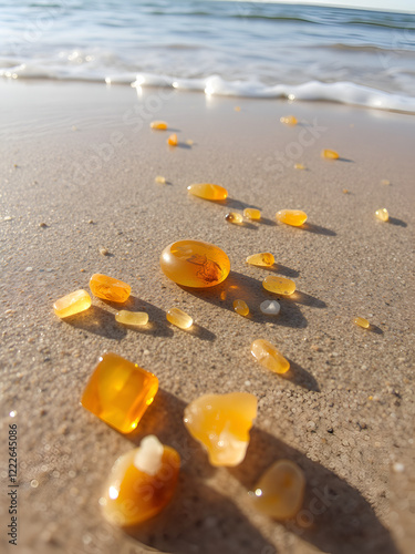 Amber stones on sea coast. Amber gems search on Baltic sea shore, golden fossilized tree resin crystals on sand, find copal in water, sunstone succinite photo