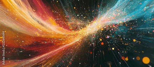 Dynamic abstract data network image showcasing vibrant orange, yellow, and blue streaks against a dark background, symbolizing digital connections.