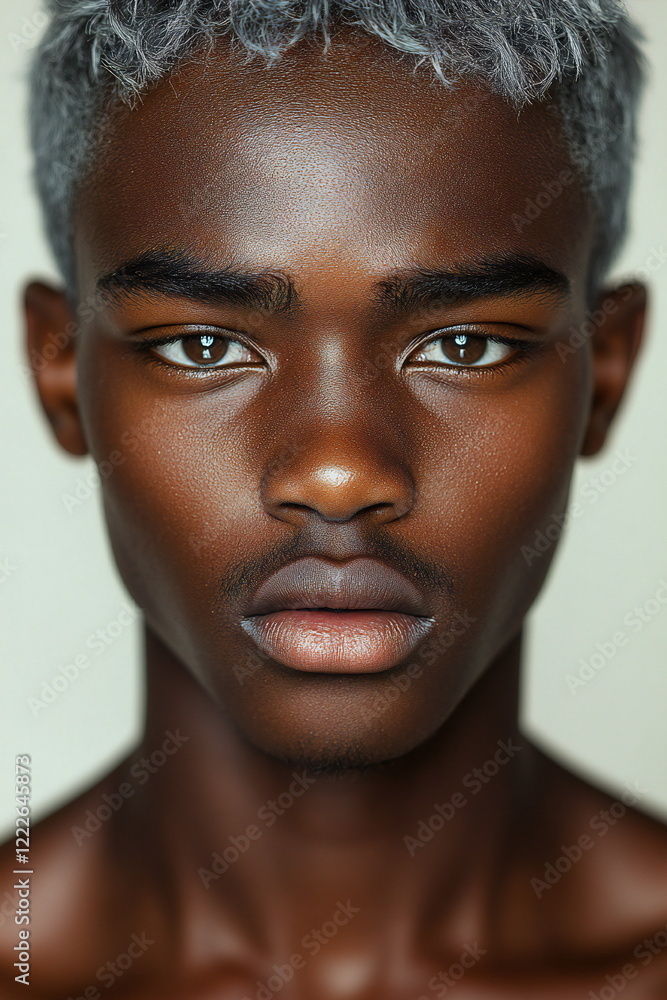 Portrait of a young male model with silver hair showcasing striking facial features and expressive eyes in a neutral background Portrait of a young male model with silver hair showcasing striking facial features and expressive eyes in a neutral background