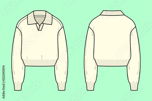Knitted sweater crop polo fashion flat sketch, CAD, template, Outline, Men, Women, Unisex. 