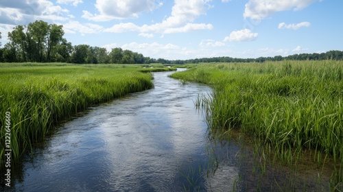 Serene River in Lush Meadow