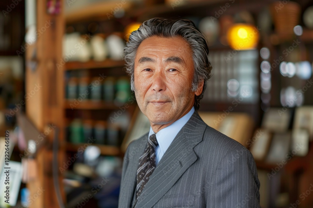 Fototapeta premium Portrait of an elegant senior businessman smiling in a traditional japanese store