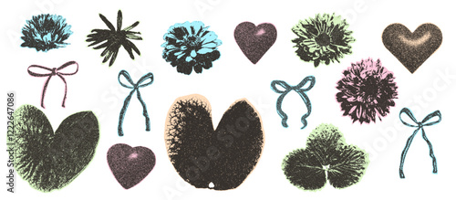 Flower and leaves photocopy collage stickers. Stippled monochrome effect florals and bows with hearts assets. Collage paper botanical element. Vector dotted scrapbook illustration on white background.