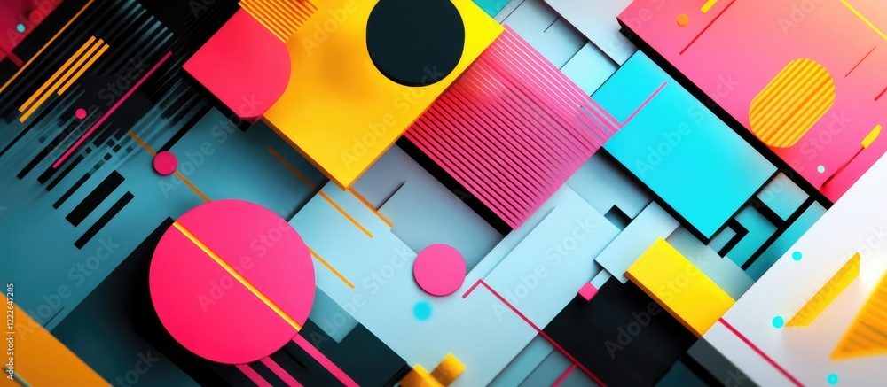 Vibrant abstract digital illustration featuring geometric shapes in pink, yellow, turquoise, and gray with layered design elements and modern graph aesthetics. Vibrant abstract digital illustration featuring geometric shapes in pink, yellow, turquoise, and gray with layered design elements and modern graph aesthetics.