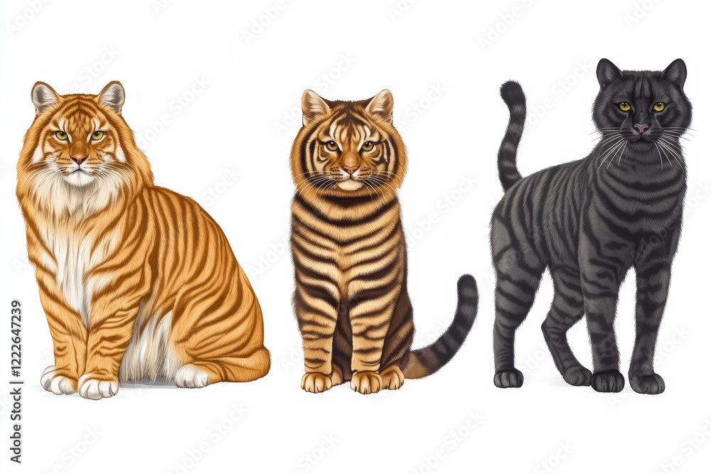 Three stylized cats with tiger patterns Three stylized cats with tiger patterns