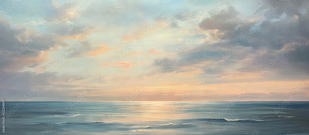 Naklejka premium Serene coastal morning with gentle pastel sky hues of pink and blue over calm ocean waves reflecting soft light, ideal for relaxation and inspiration