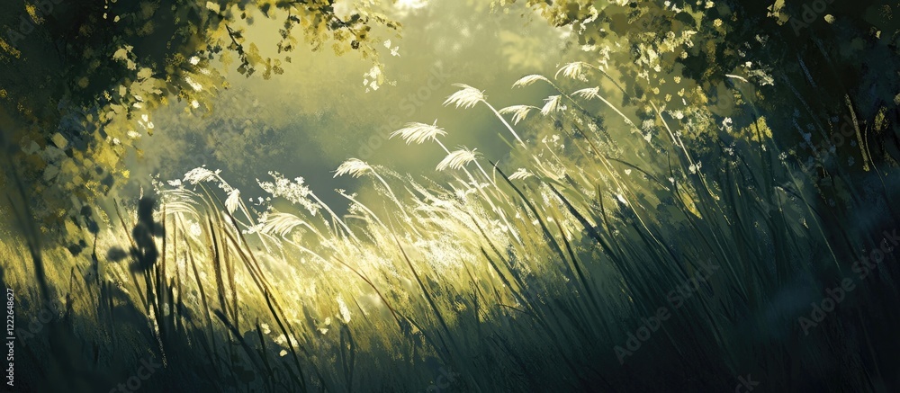 Serene meadow with delicate grass branches swaying in soft sunlight, lush greenery in foreground and golden light illuminating background details. Serene meadow with delicate grass branches swaying in soft sunlight, lush greenery in foreground and golden light illuminating background details.