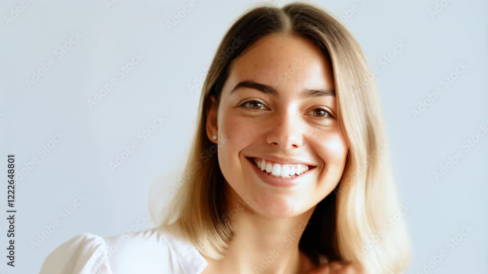 Smiling young woman with light hair poses in a bright, minimalistic setting to showcase her friendly personality Smiling young woman with light hair poses in a bright, minimalistic setting to showcase her friendly personality