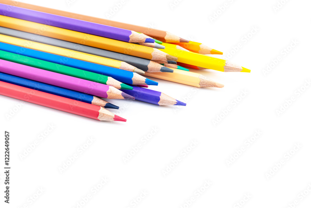 Colourful wooden colored pencils isolated on white background with copy space Colourful wooden colored pencils isolated on white background with copy space
