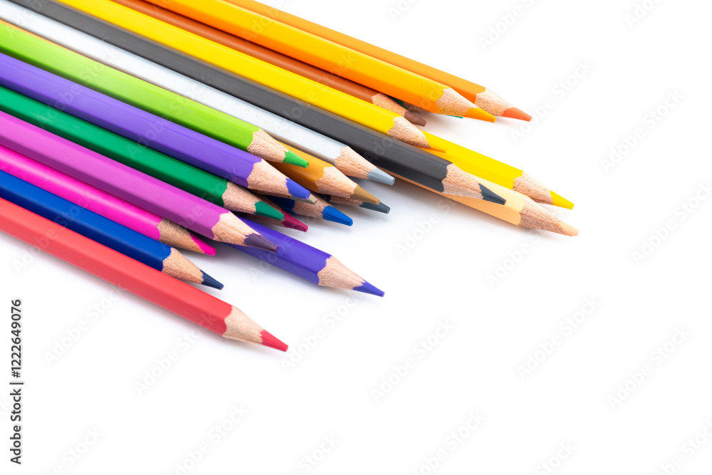 Colourful wooden colored pencils isolated on white background with copy space Colourful wooden colored pencils isolated on white background with copy space
