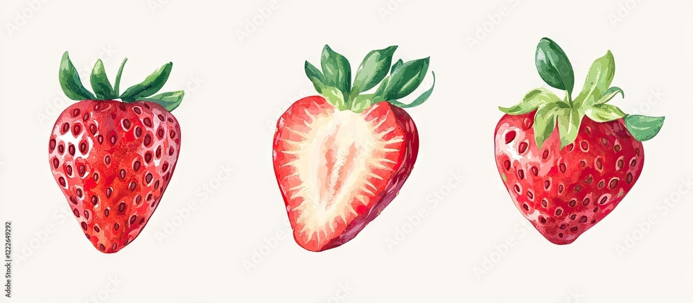 Fresh ripe strawberries displayed in a row on a light beige background showcasing whole and sliced fruit with vibrant red and green colors. Fresh ripe strawberries displayed in a row on a light beige background showcasing whole and sliced fruit with vibrant red and green colors.