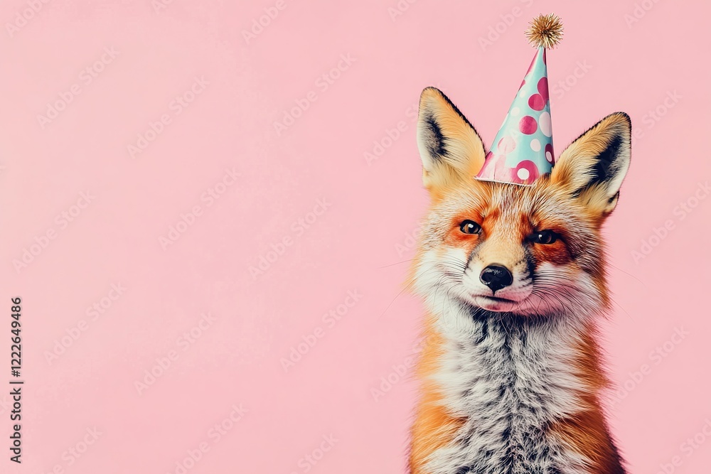 Fototapeta premium funny animal birthday celebration concept, sweet fluffy red fox in festive party hat on plain light pink background with copy space