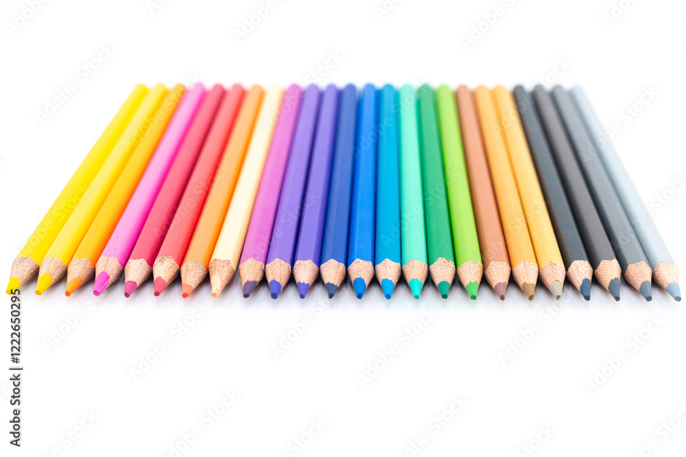 Colourful wooden colored pencils isolated on white background with copy space Colourful wooden colored pencils isolated on white background with copy space