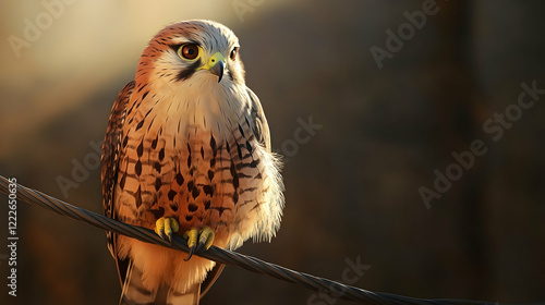 A detailed image of a kestrel perched on a wire, with its sharp gaze and clear feather details, illuminated by soft sunlight photo