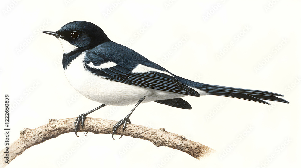 A detailed image of a pied wagtail perched on a branch, with contrasting black and white feathers, illuminated by clear morning sunlight A detailed image of a pied wagtail perched on a branch, with contrasting black and white feathers, illuminated by clear morning sunlight