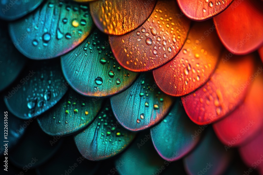 Obraz premium Macro shot of iridescent fish scale displaying vibrant colors and intricate textures
