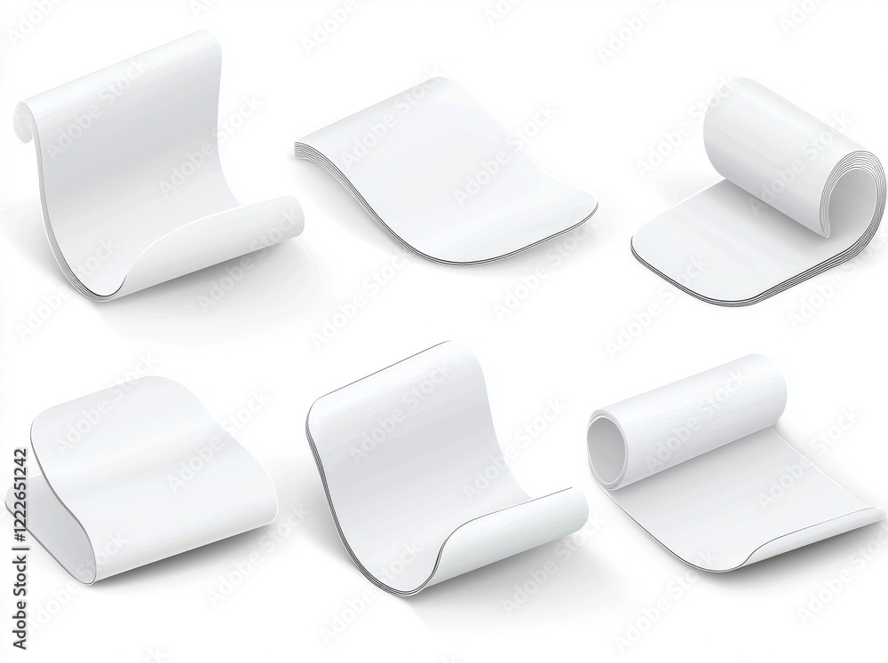 A collection of white paper stickers featuring various shapes with rounded corners, isolated on a white background. The stickers include round, oval, square, and rectangular designs. Presented in a A collection of white paper stickers featuring various shapes with rounded corners, isolated on a white background. The stickers include round, oval, square, and rectangular designs. Presented in a