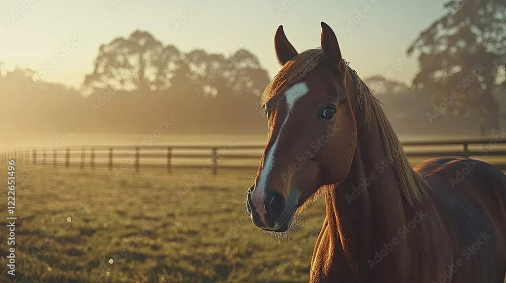 Fototapeta premium Horse standing calmly in a sunlit pasture during early morning hours, surrounded by mist and trees