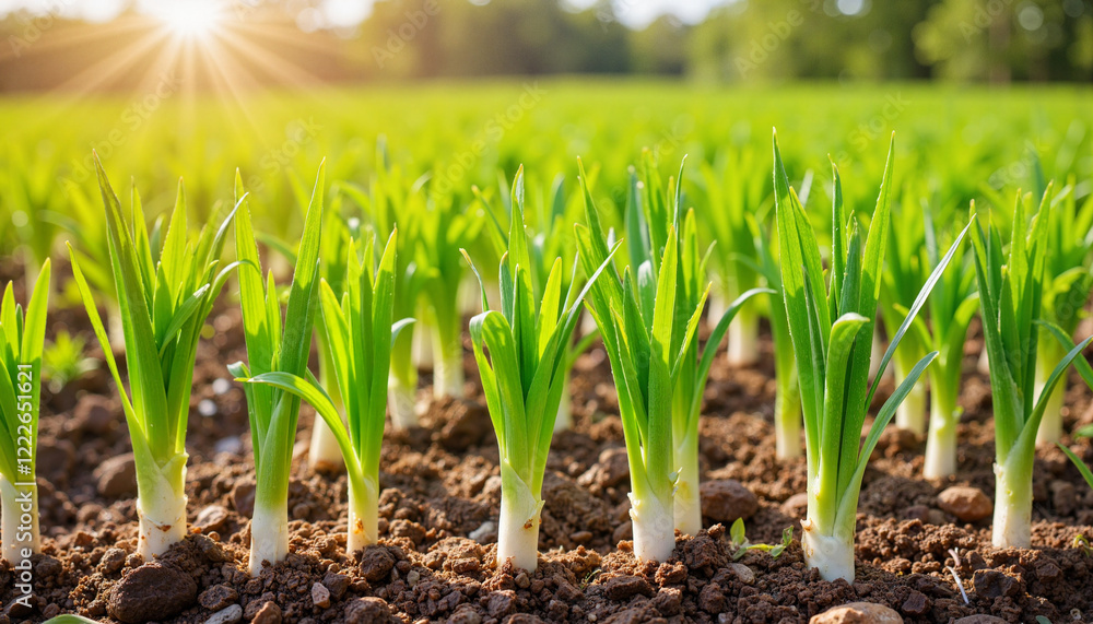 Obraz premium Lemongrass seedlings growing under harsh afternoon sun, rural garden
