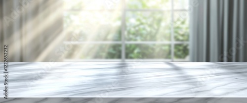 A white stone marble table top with a blurred abstract background from an interior building banner  suitable for displaying or montaging your products