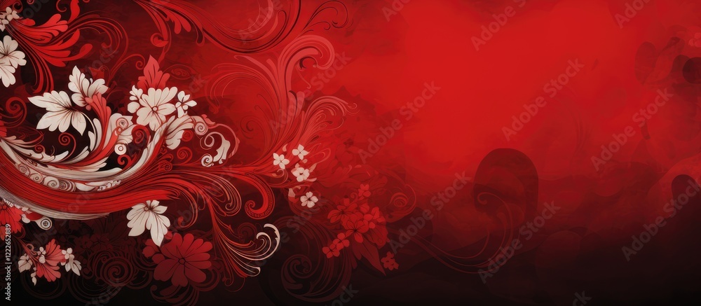 Elegant batik pattern featuring intricate floral designs in white and soft pink against a rich red background with gradient tones and swirling elements. Elegant batik pattern featuring intricate floral designs in white and soft pink against a rich red background with gradient tones and swirling elements.