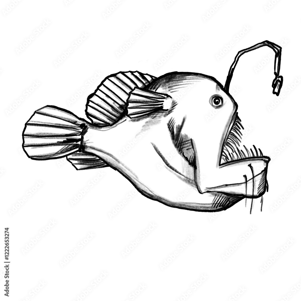 Fototapeta premium Angler fish, Fish, hand-drawn pencil drawing, illustration, black, transparent background, PNG, food fish
