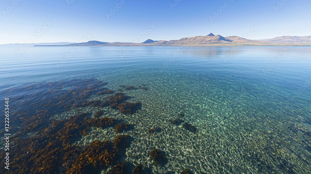 Clear water, coastal seaweed, mountain backdrop, scenic summer Clear water, coastal seaweed, mountain backdrop, scenic summer