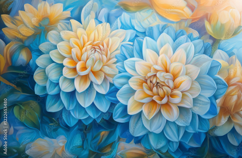 Obraz premium An artistic and vibrant close-up of blue and yellow flowers beautifully arranged, illustrating nature's beauty and the unique patterns found in floral compositions.