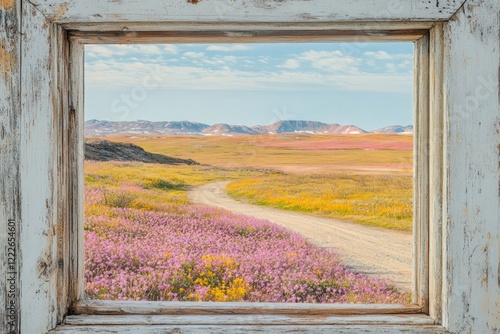 A lovely view of pink floral fields framed by rustic wood with a peaceful roadway, inviting viewers to experience the serenity and beauty of nature in full bloom. photo